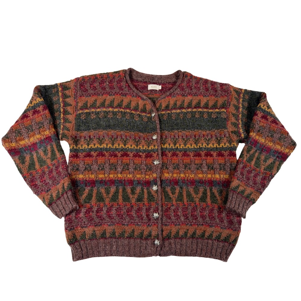 Vintage Alps Fair Isle Cardigan Sweater  Maple Leaf Buttons USA Wool Nordic Sz L